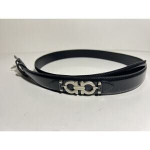 VTG Ferragamo Men EUC Black Leather Double Gancini Silver Buckle Belt 43" x 1.25